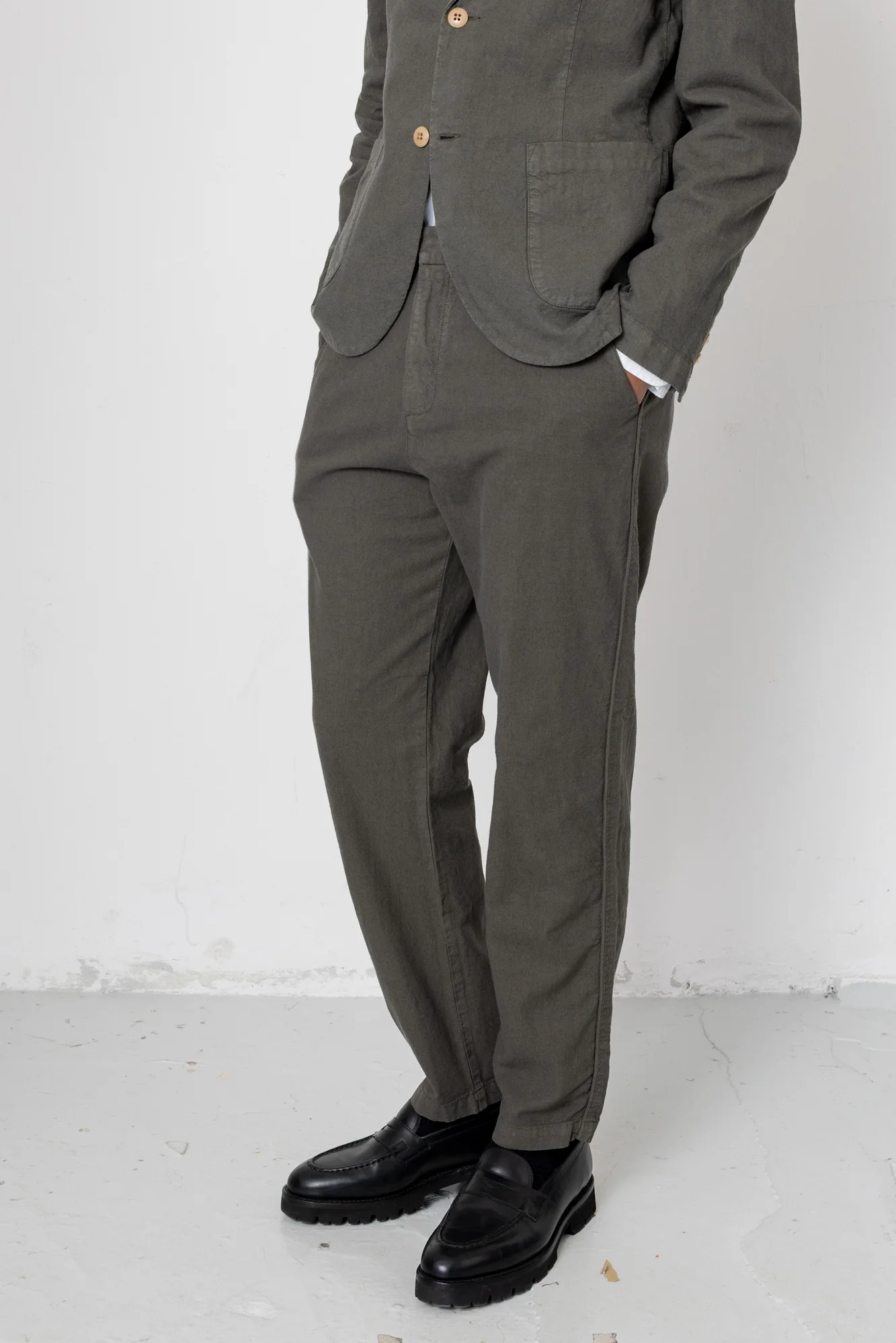 Fixed Waistband Cotton Linen Trouser - Dark Sage - Image 2