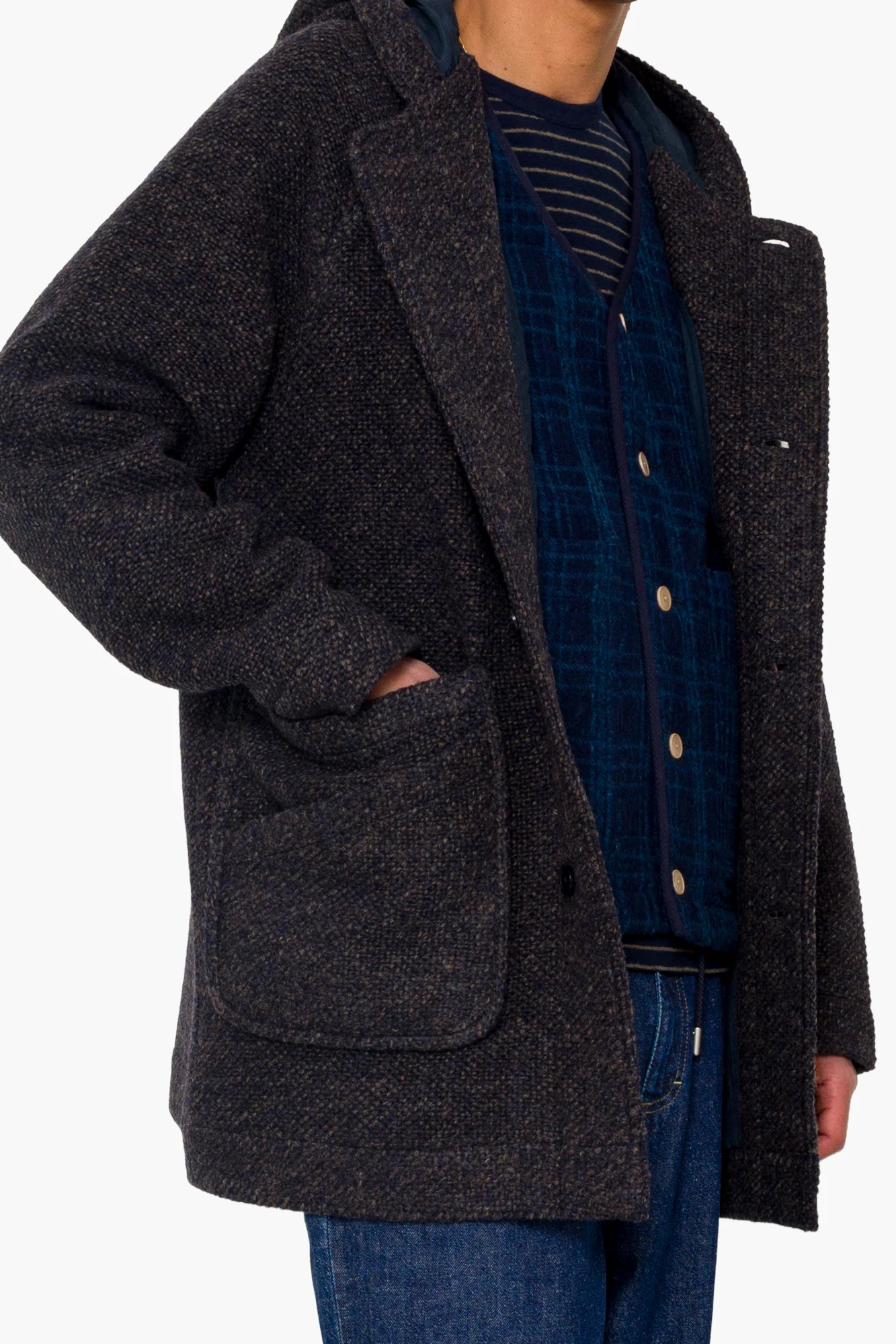 Hooded Car Coat - Navy Brown Texture - Image 6