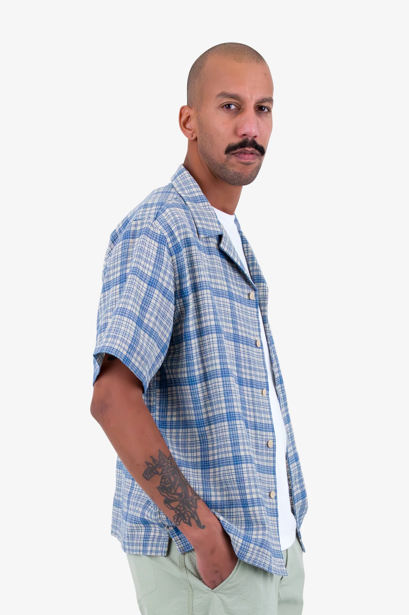 Relaxed Soft Collar Shirt - Stone Blue Open Weave Check - Image 7