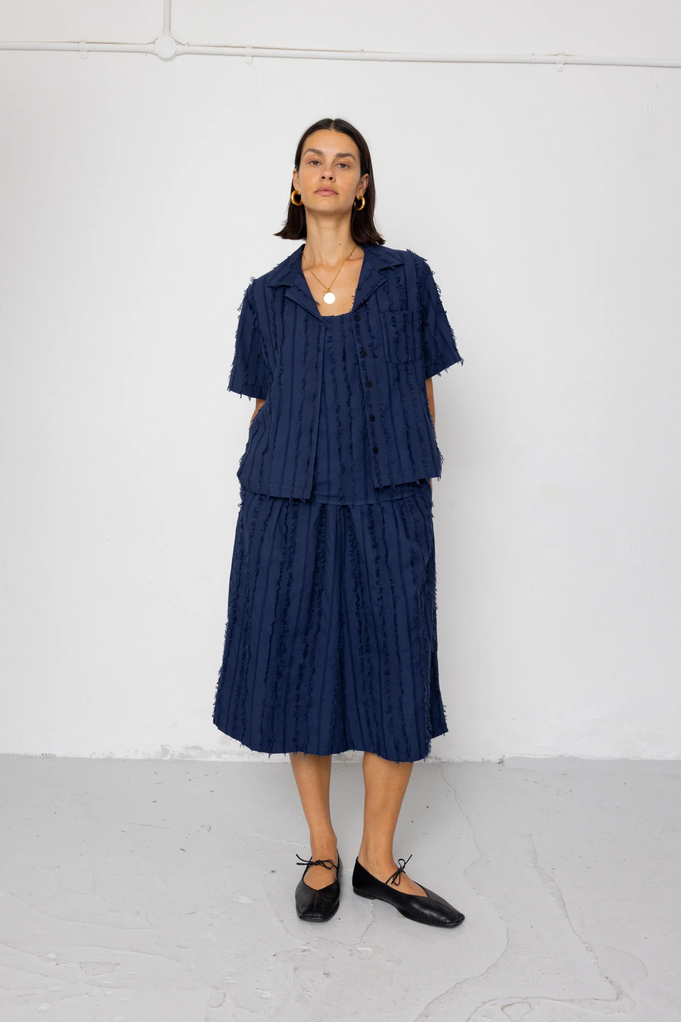 Short Sleeve Soft Collar Shirt - Dark Navy Cutwork Stripe - Image 6