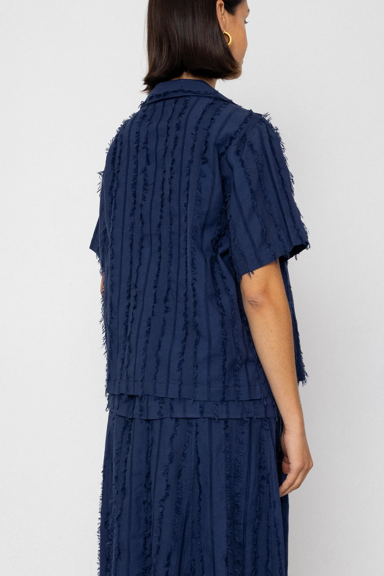 Short Sleeve Soft Collar Shirt - Dark Navy Cutwork Stripe - Image 9