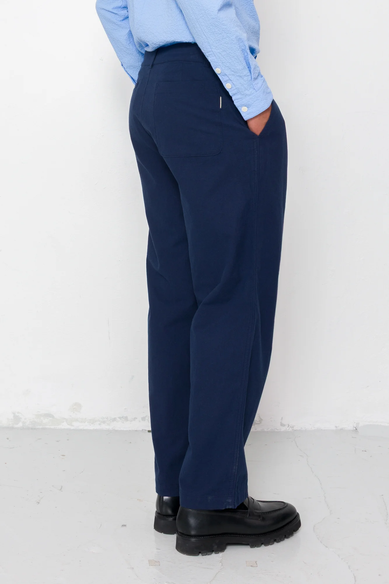 Wide Fit Trouser - Navy Textured Cotton - Image 7
