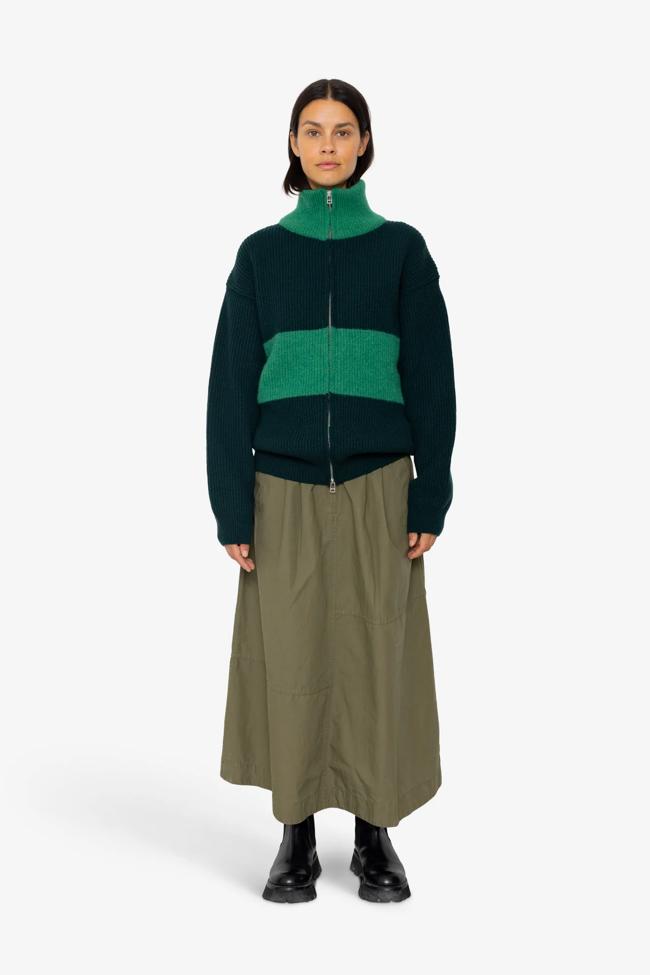 Zip Through Jumper - Dark Green Bright Green - Image 2